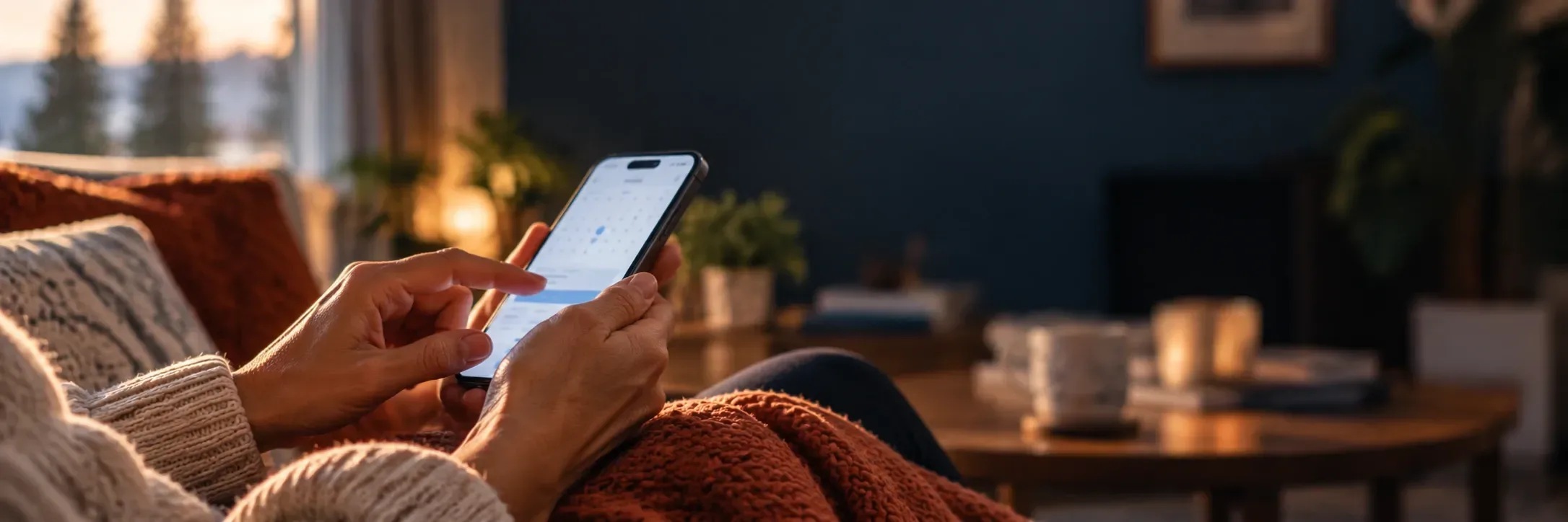 Close-up of a person's hands tapping a date on a phone calendar while sitting under a blanket on a sofa at dusk.
