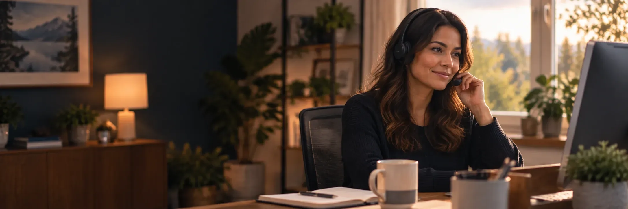 A woman wearing a headset smiles while taking a call at a desk in a warm home office.