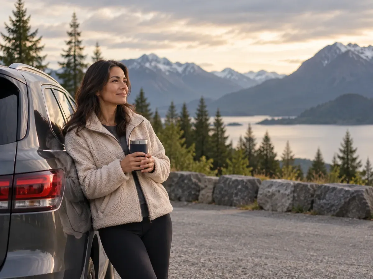 A woman leans against the back of her car at a mountain pull-out, holding a travel mug and looking out over a lake at dusk.