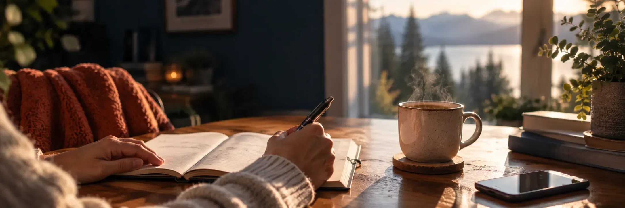 Close-up of a person writing in an open notebook at a wooden table beside a steaming mug, with a lake view through the window.