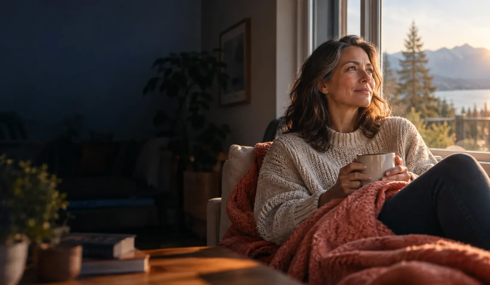 A woman in a cream knit sweater sits by a window holding a mug, looking out towards a lake and mountains in early morning light.