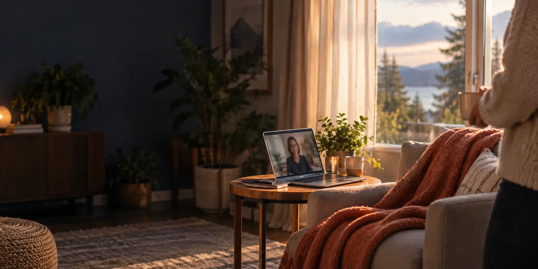 A laptop open on a side table in a warm living room shows a counsellor on a video call, with a lake and trees through the window.